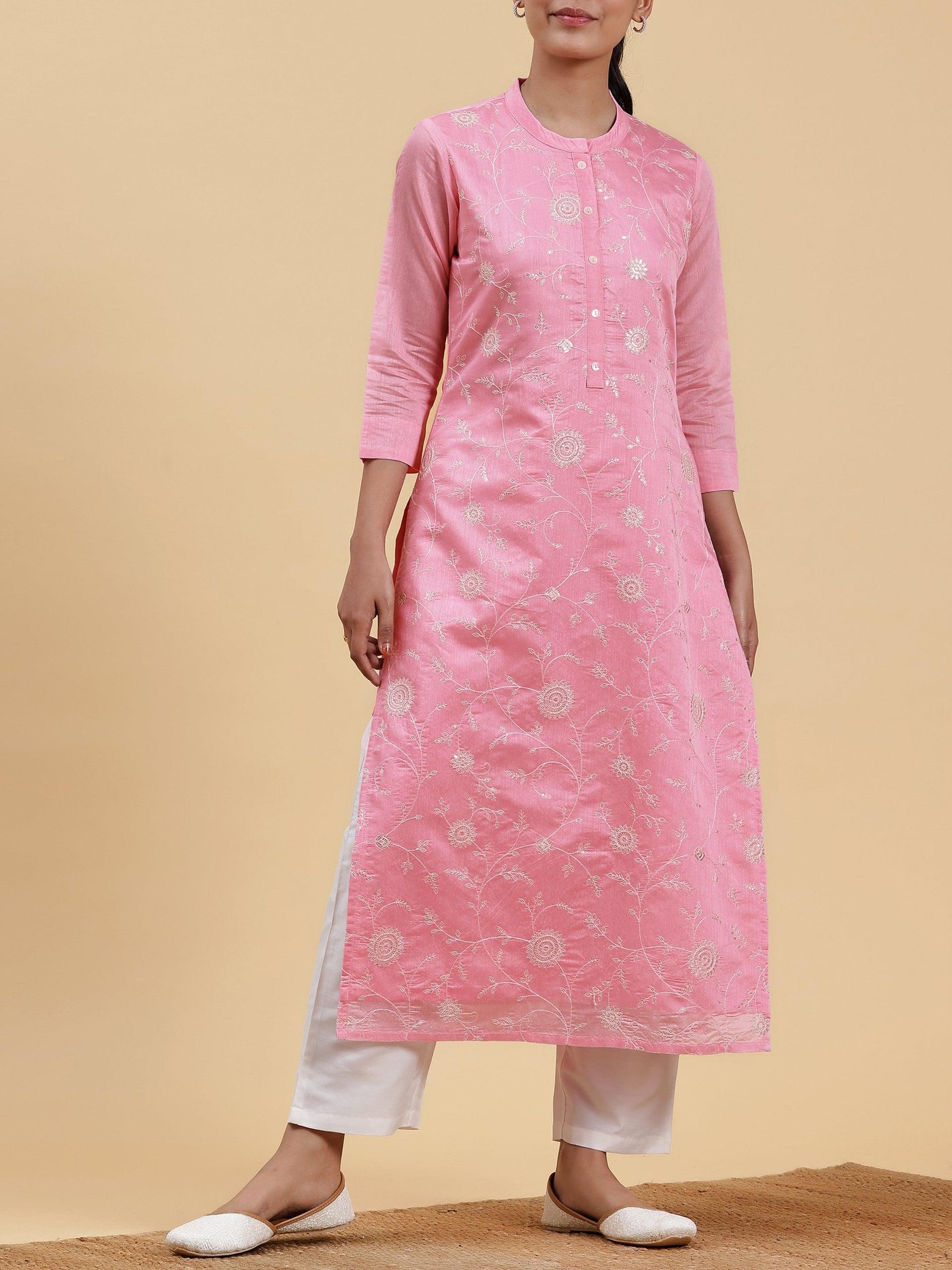 Pink Embroidered Chanderi Silk Straight Kurta - Libas