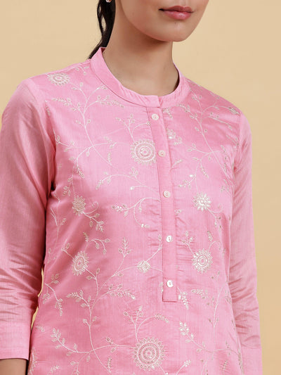 Pink Embroidered Chanderi Silk Straight Kurta - Libas