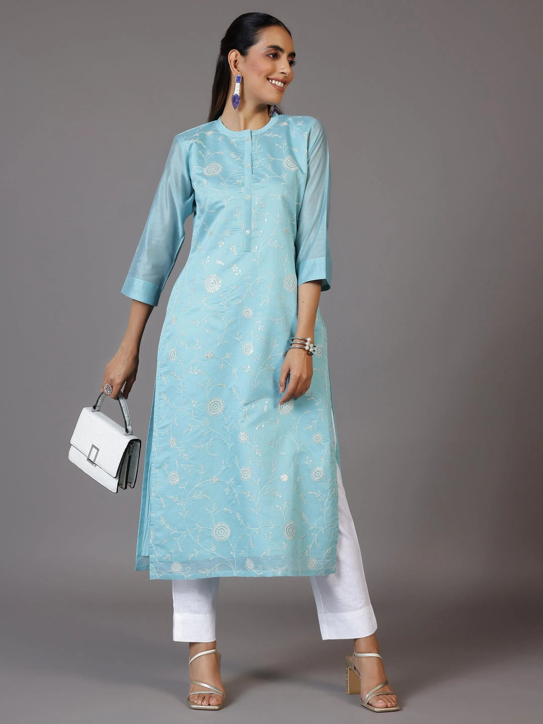 Blue Embroidered Chanderi Silk Straight Kurta - Libas 