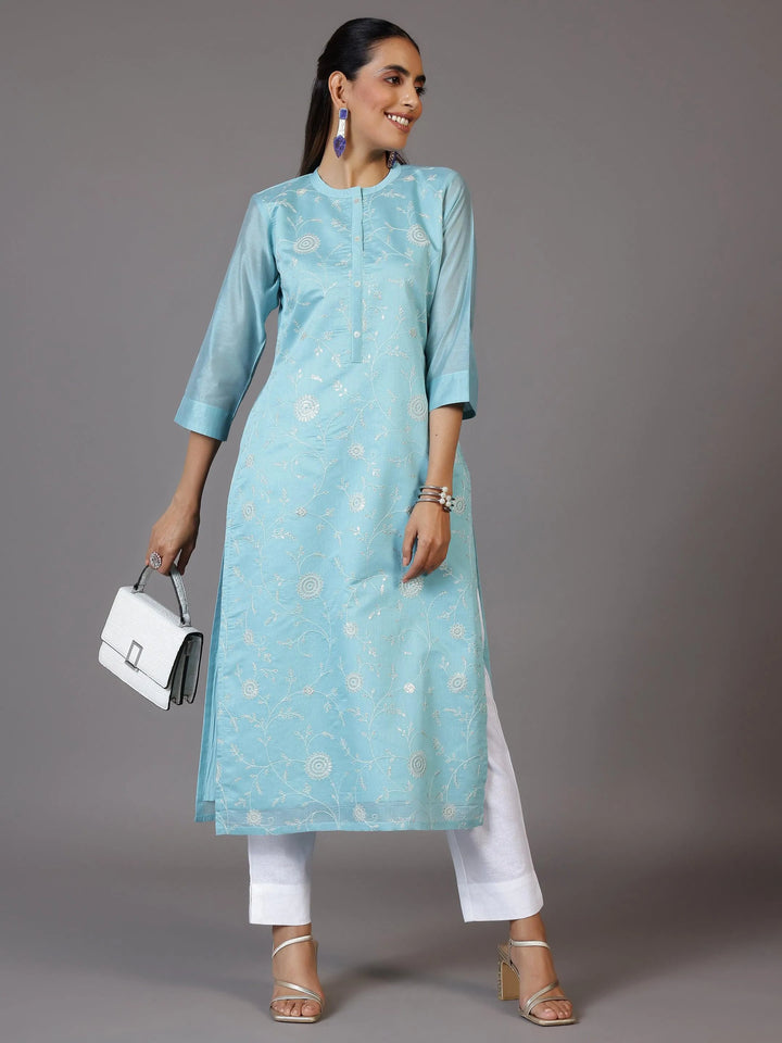 Blue Embroidered Chanderi Silk Straight Kurta - Libas
