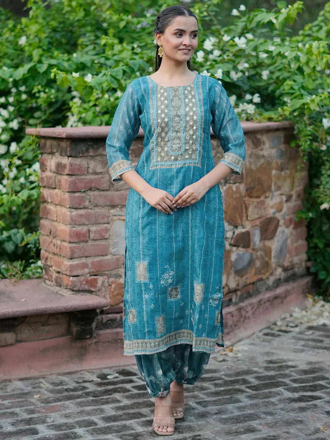 libas Blue Embellished Chanderi Silk Straight Kurta-picture-22