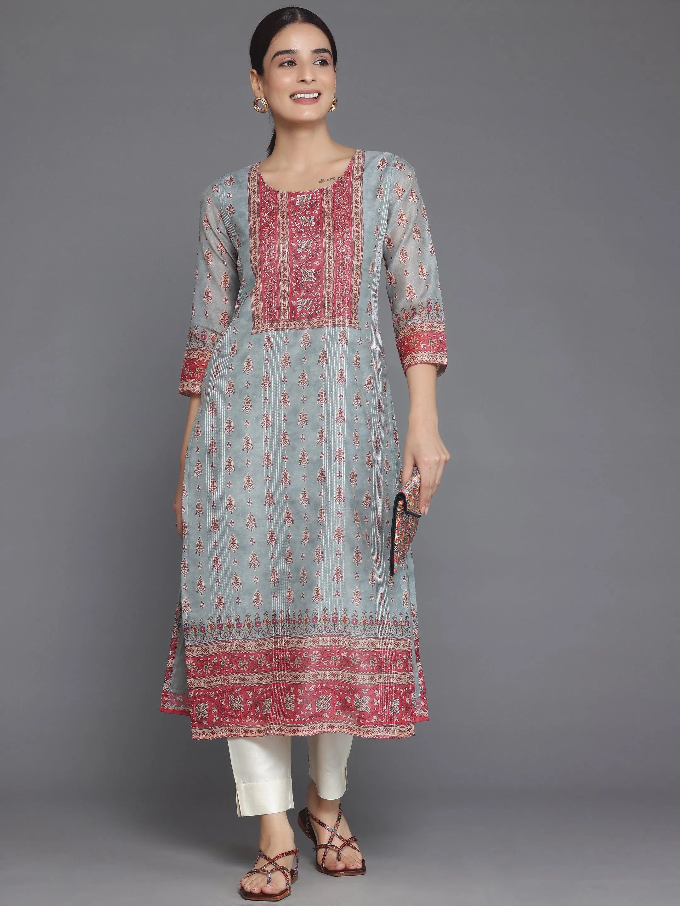 libas Grey Printed Chanderi Silk Straight Kurta-picture-24