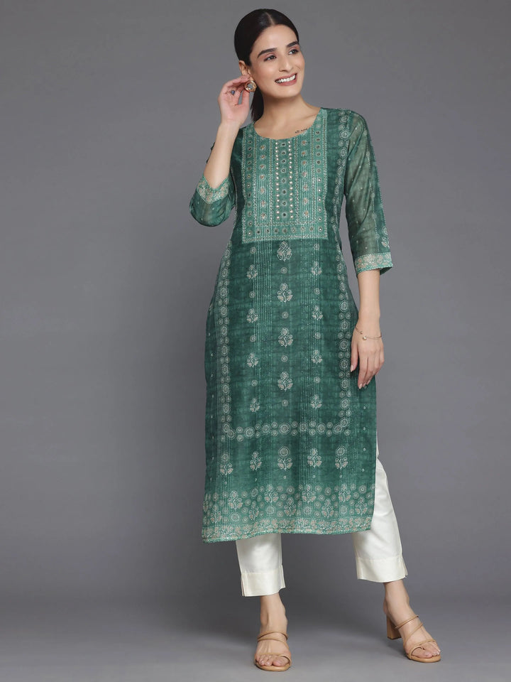 Green Printed Chanderi Silk Straight Kurta - Libas