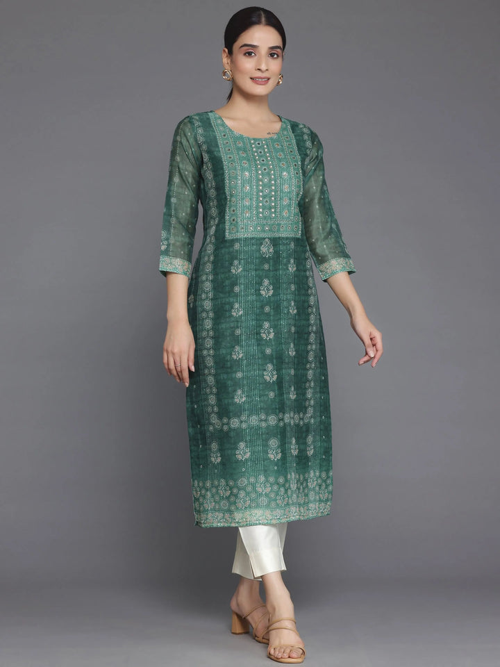 Green Printed Chanderi Silk Straight Kurta - Libas