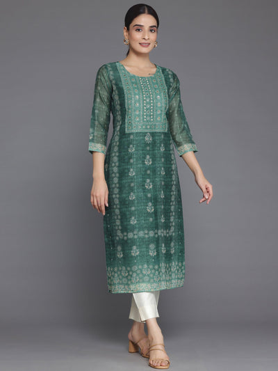 Green Printed Chanderi Silk Straight Kurta - Libas