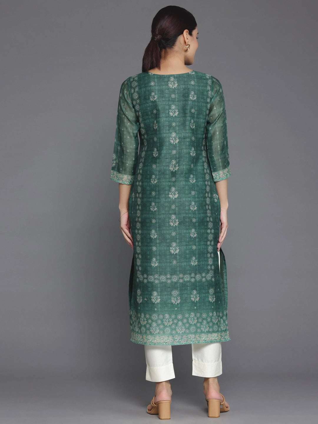 Green Printed Chanderi Silk Straight Kurta - Libas