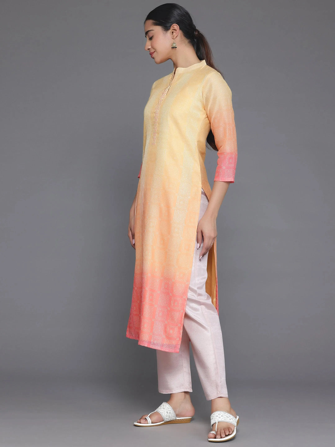 Yellow Embellished Chanderi Silk Straight Kurta - Libas 