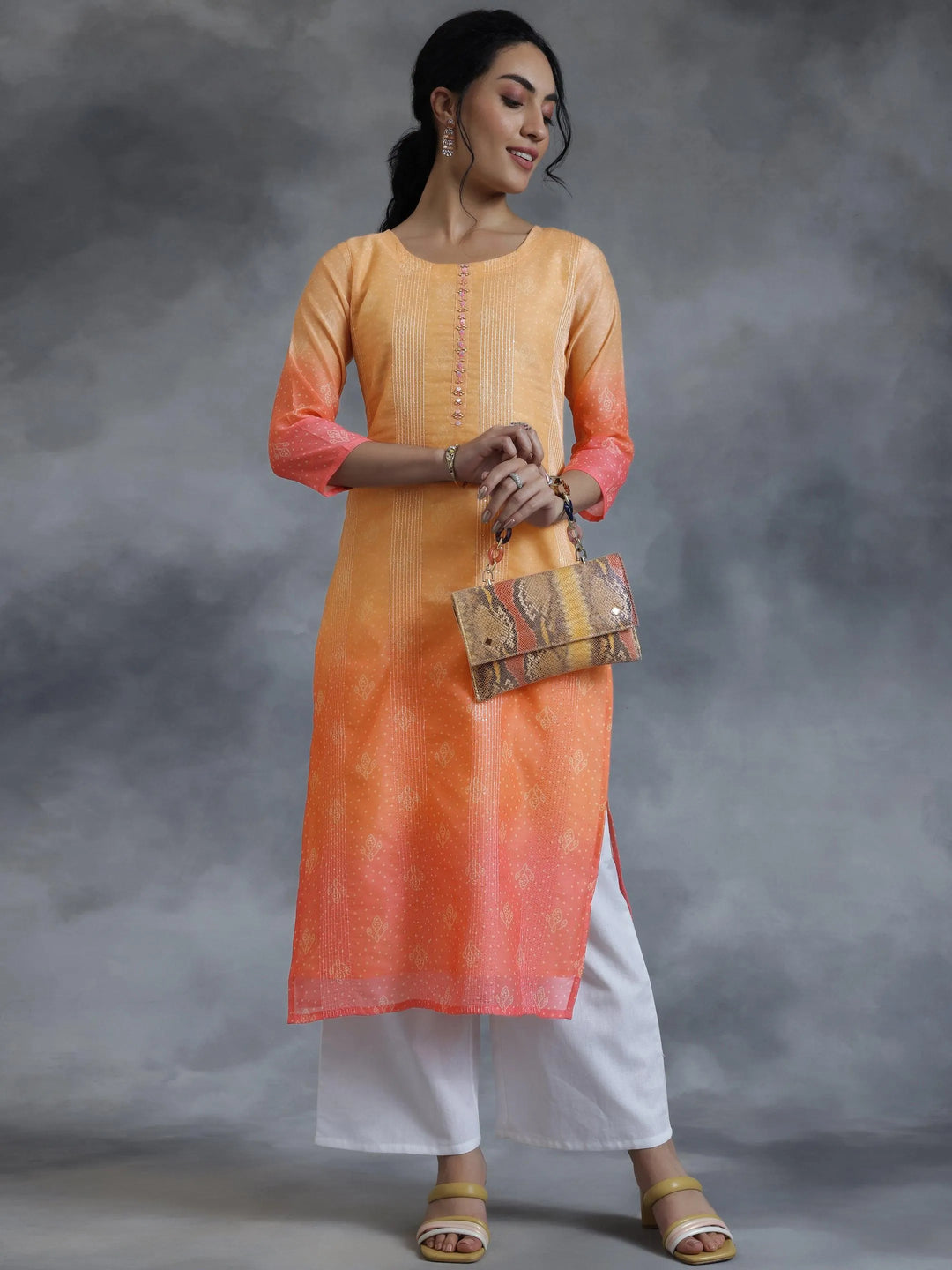 Peach Embellished Chanderi Silk Straight Kurta - Libas 