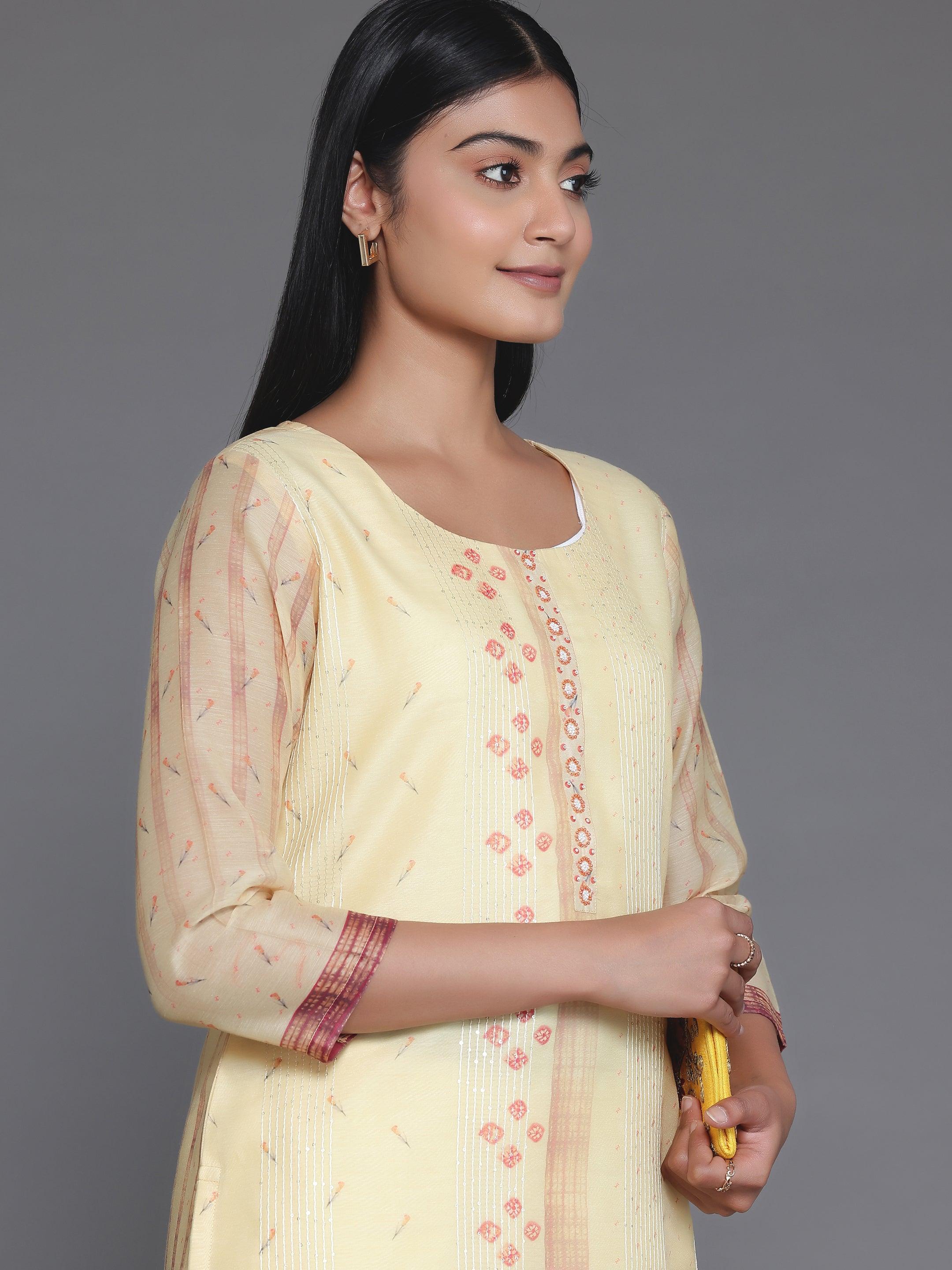 Yellow Printed Chanderi Silk Straight Kurta
