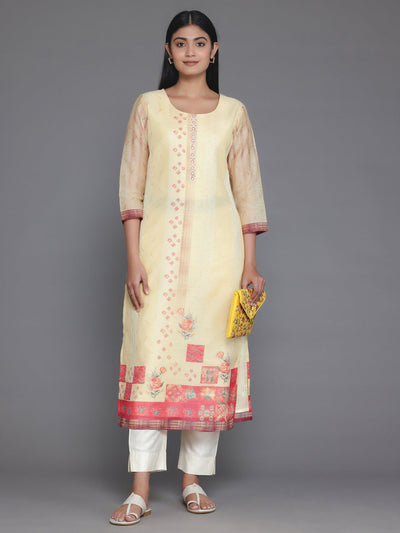 Yellow Printed Chanderi Silk Straight Kurta - Libas