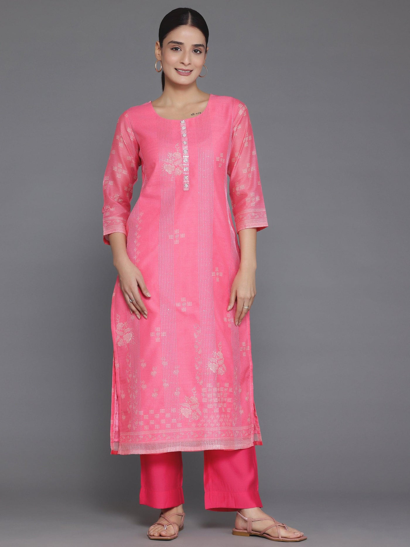 Pink Printed Chanderi Silk Straight Kurta - Libas