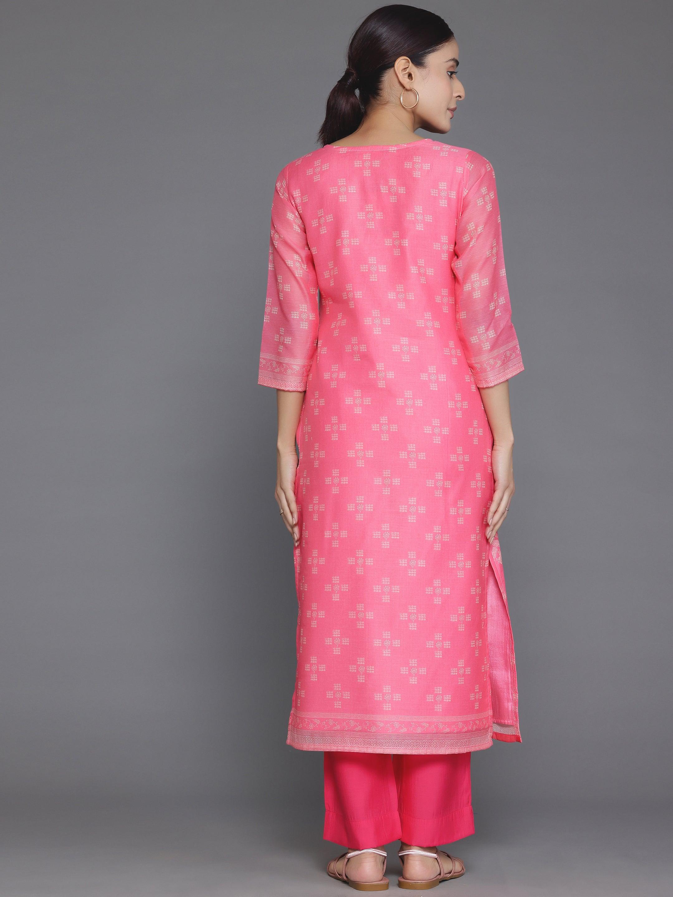Pink Printed Chanderi Silk Straight Kurta