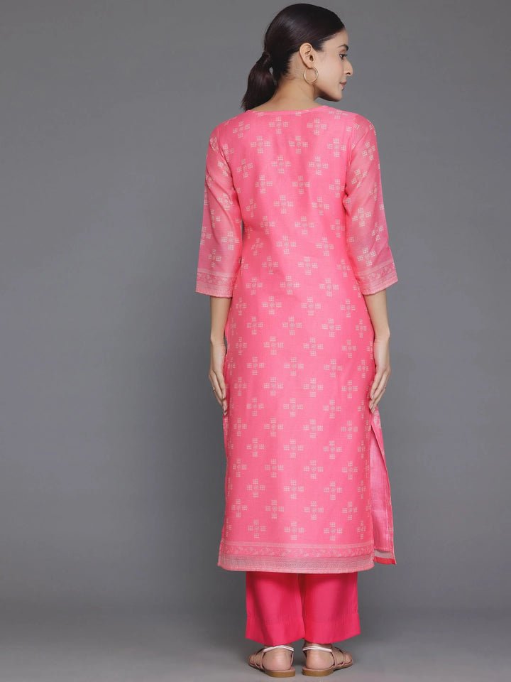 Pink Printed Chanderi Silk Straight Kurta - Libas