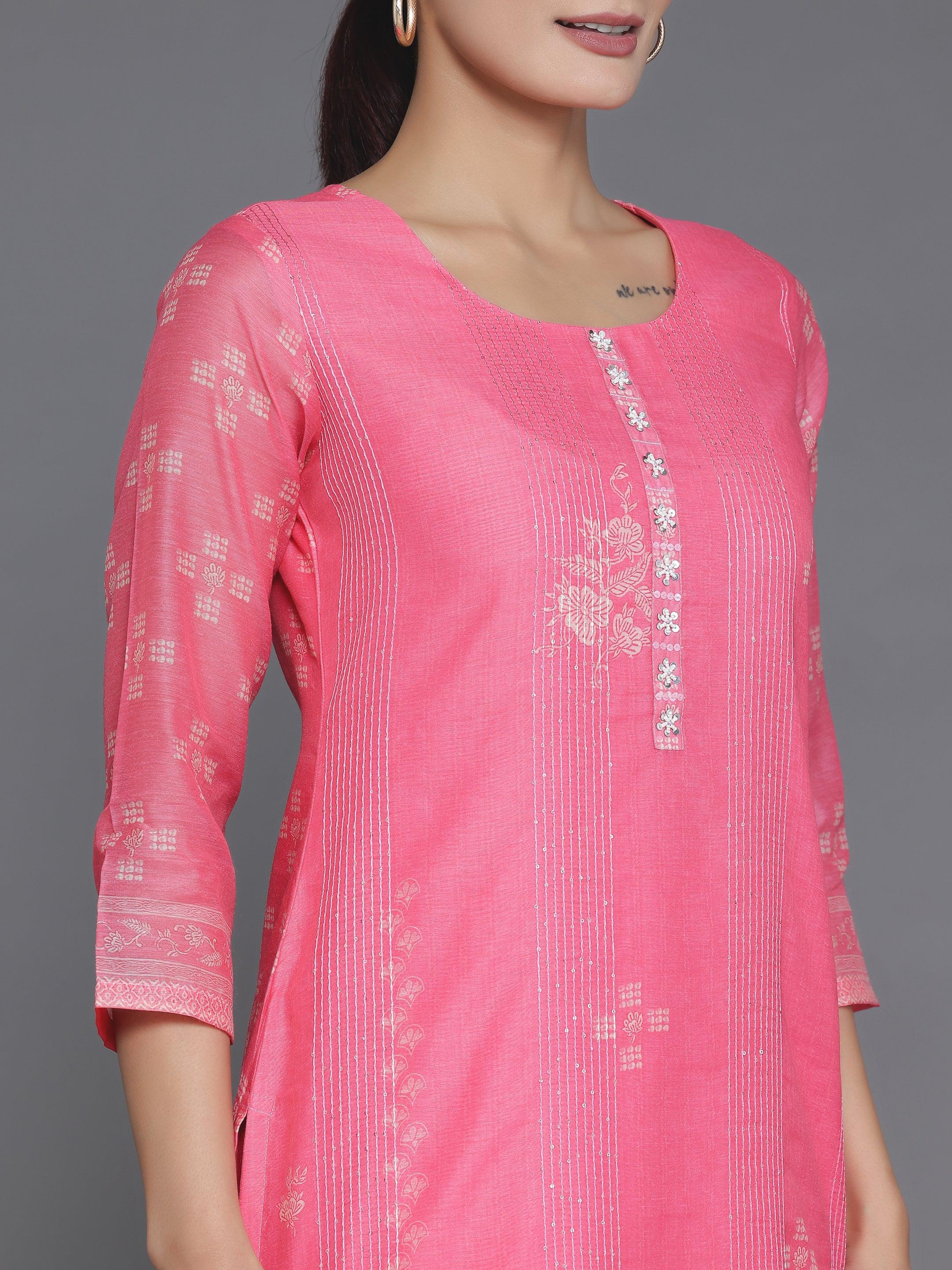 Pink Printed Chanderi Silk Straight Kurta