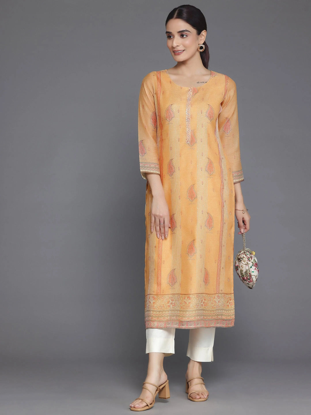Orange Embellished Chanderi Silk Straight Kurta - Libas