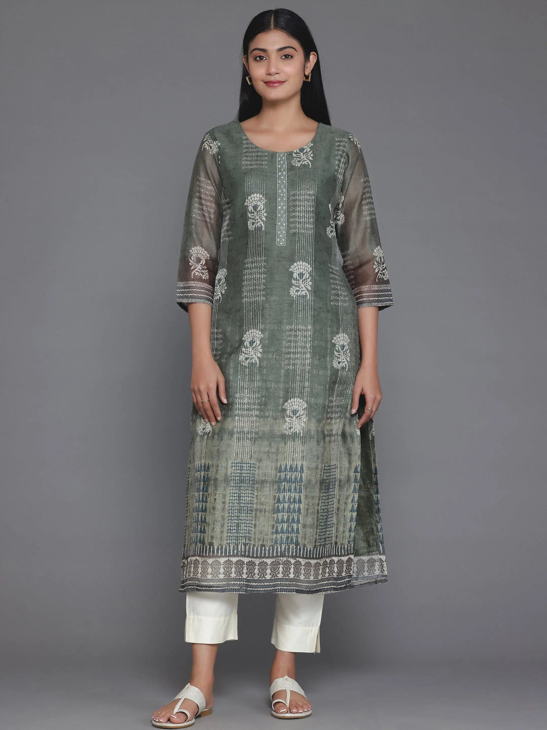 Olive Printed Chanderi Silk Straight Kurta - Libas 