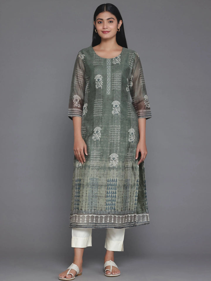 Olive Printed Chanderi Silk Straight Kurta - Libas