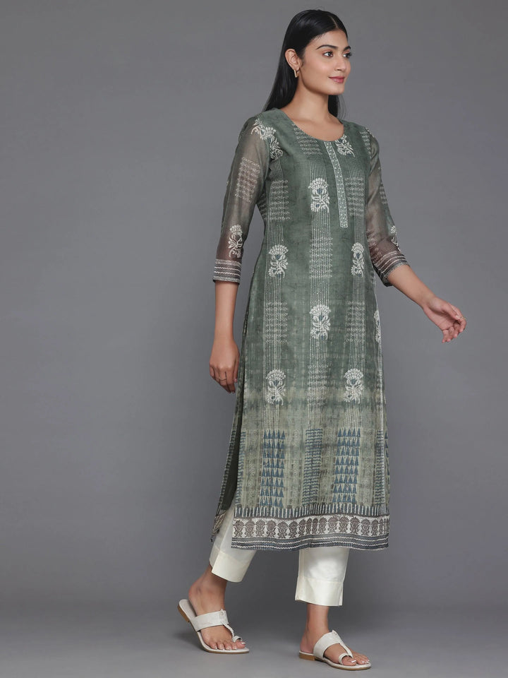 Olive Printed Chanderi Silk Straight Kurta - Libas