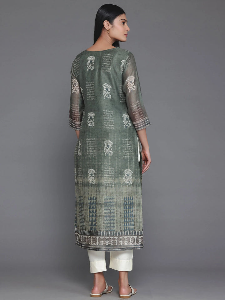 Olive Printed Chanderi Silk Straight Kurta - Libas