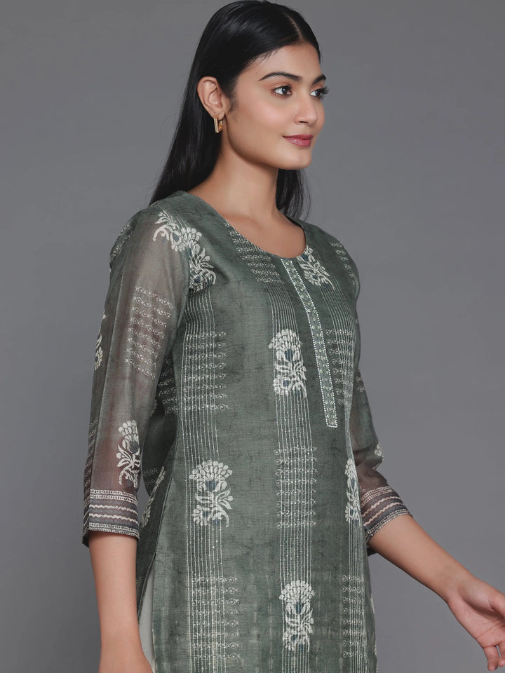Olive Printed Chanderi Silk Straight Kurta - Libas