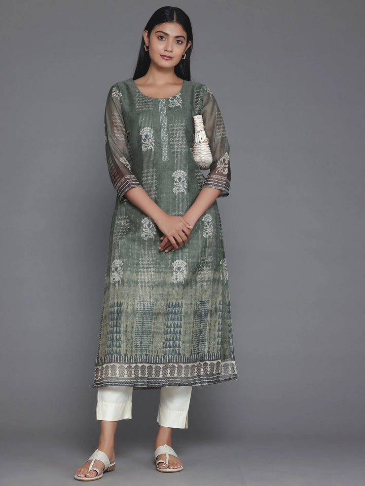 Olive Printed Chanderi Silk Straight Kurta - Libas