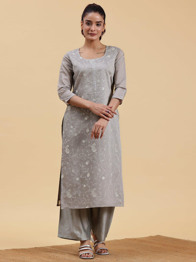 Grey Embroidered Chanderi Silk Straight Kurta - Libas