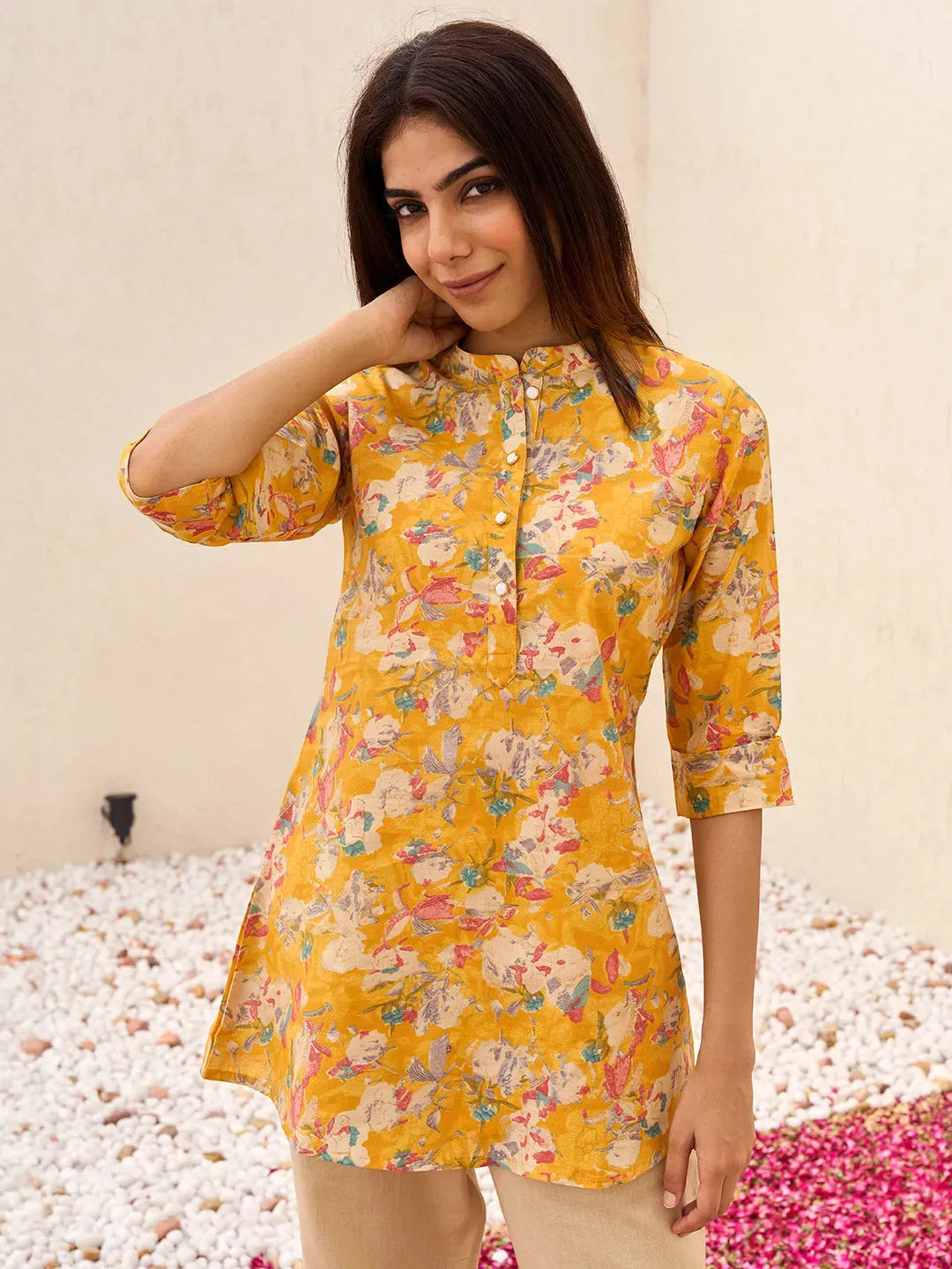 Yellow Printed Silk Blend A-Line Kurti-image-48