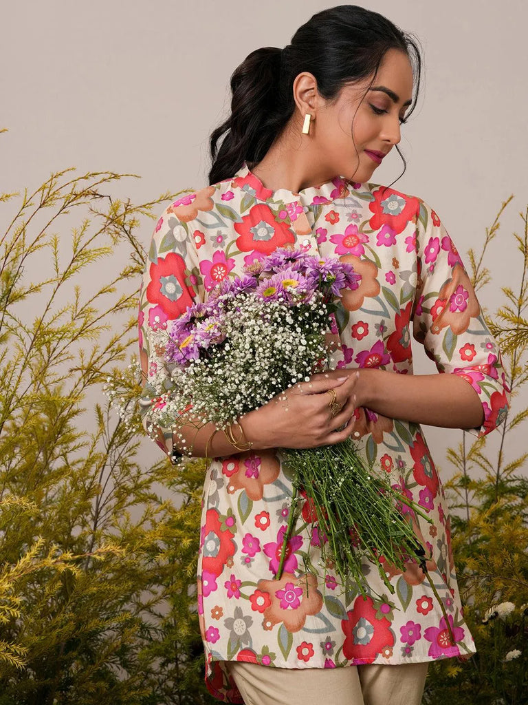 Libas Cream Printed Silk Blend A-Line Kurti