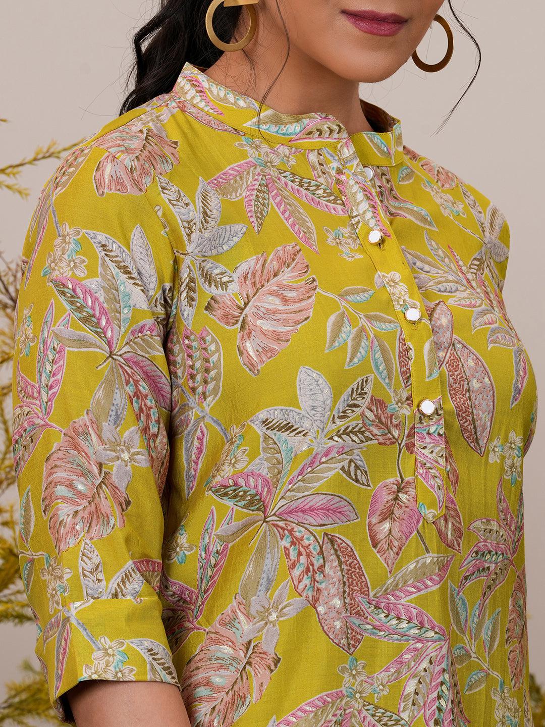Yellow Printed Silk Blend A-Line Kurti - Libas