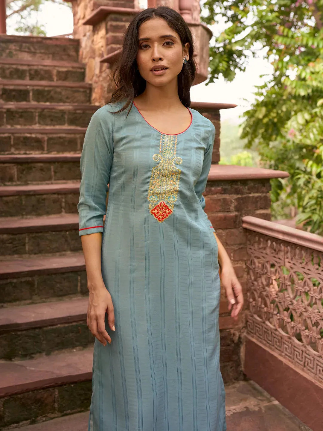libas Blue Yoke Design Silk Straight Kurta-picture-41