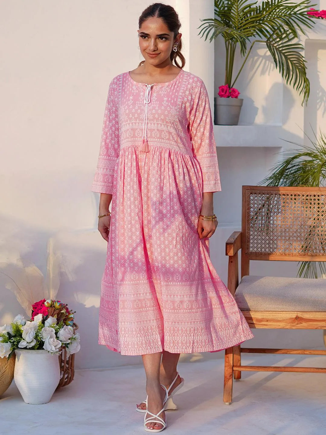 Buy Pink Printed Cotton Fit and Flare Dress Online at Rs.524 | Libas