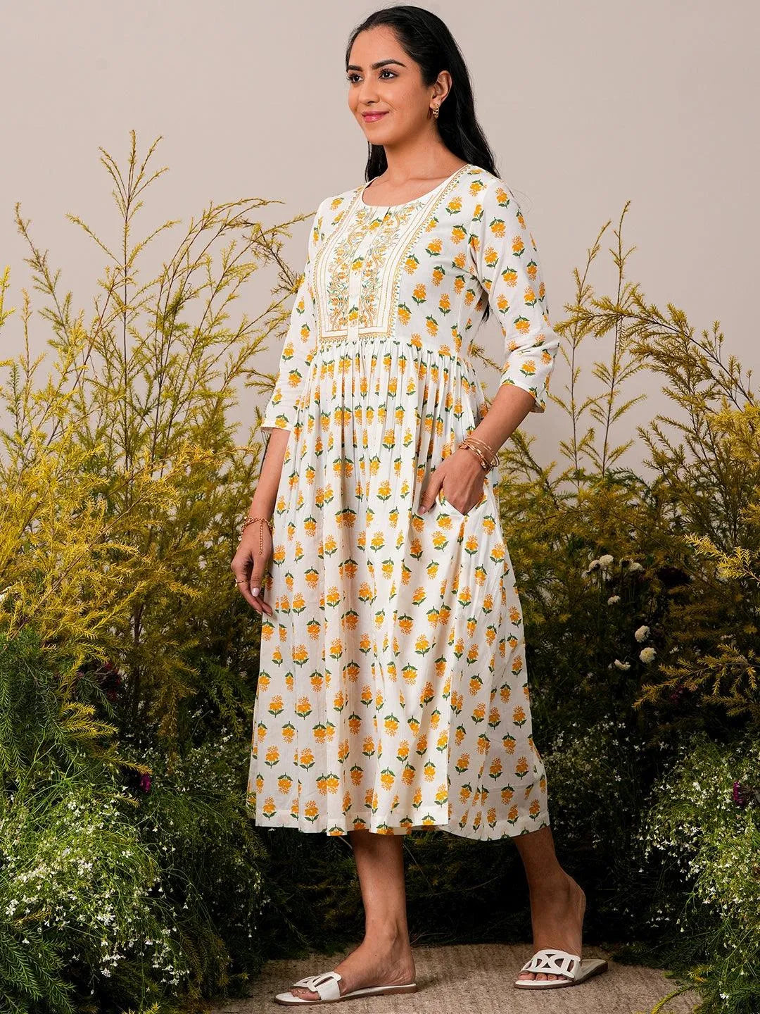 Buy White Printed Cotton Fit and Flare Dress Online at Rs.699