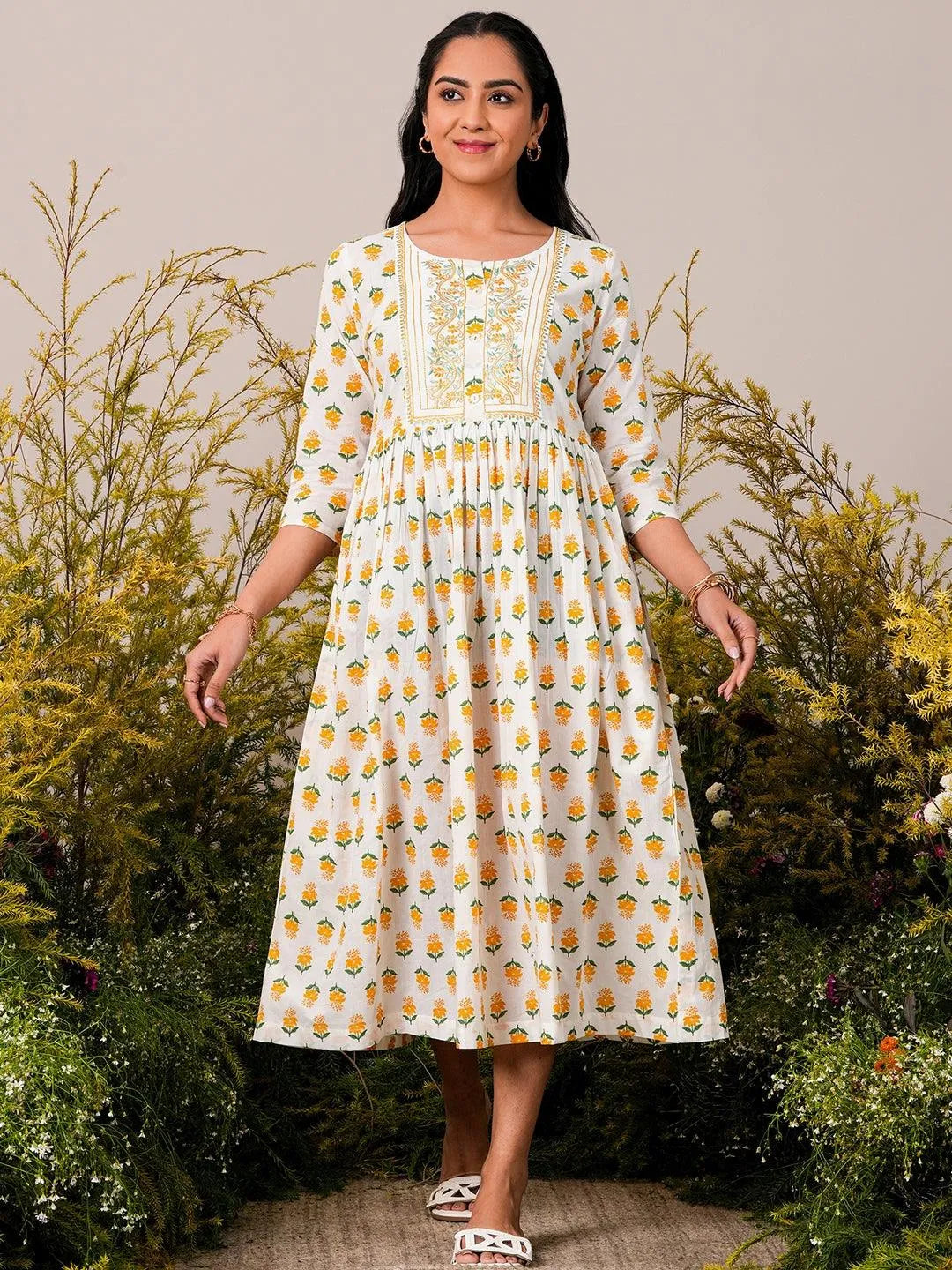 Buy White Printed Cotton Fit and Flare Dress Online at Rs.699