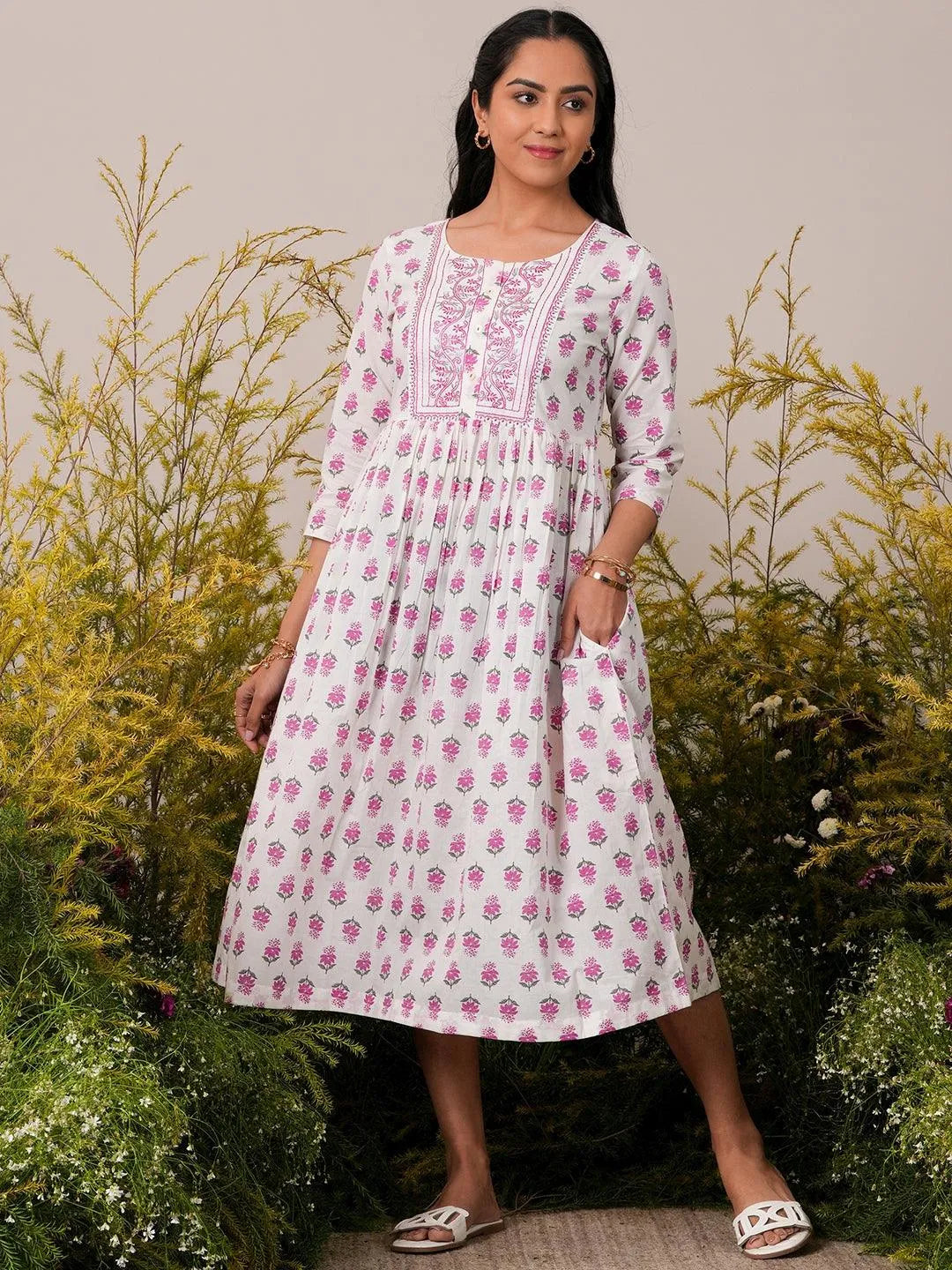 White Printed Cotton Fit and Flare Dress - Libas 