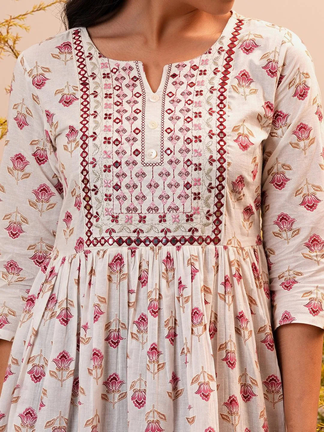White Printed Cotton Fit and Flare Dress - Libas 
