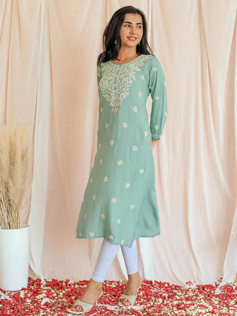 Libas Green Embroidered Rayon Straight Kurta