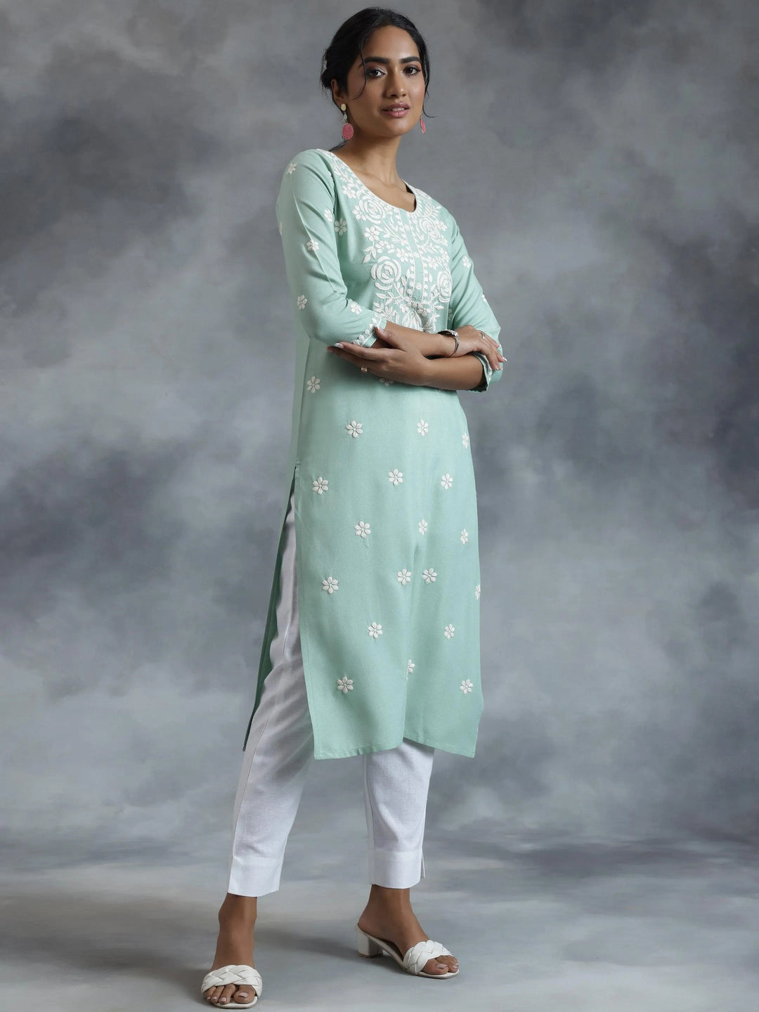 Green Embroidered Rayon Straight Kurta - Libas 