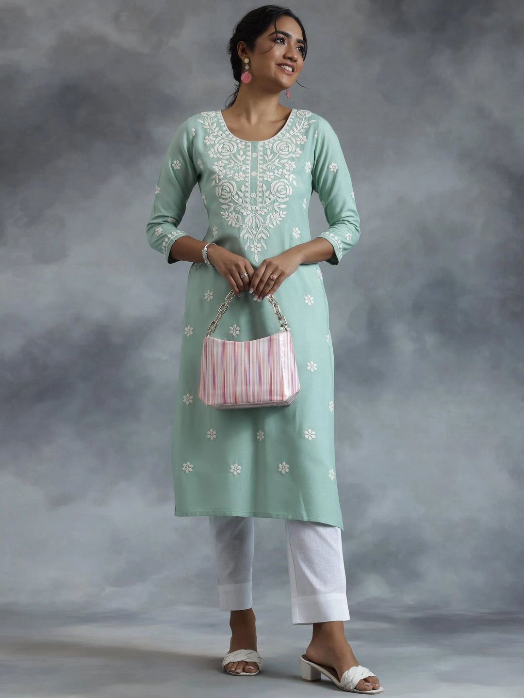Green Embroidered Rayon Straight Kurta - Libas 