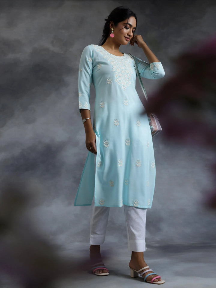 Blue Embroidered Rayon Straight Kurta - Libas