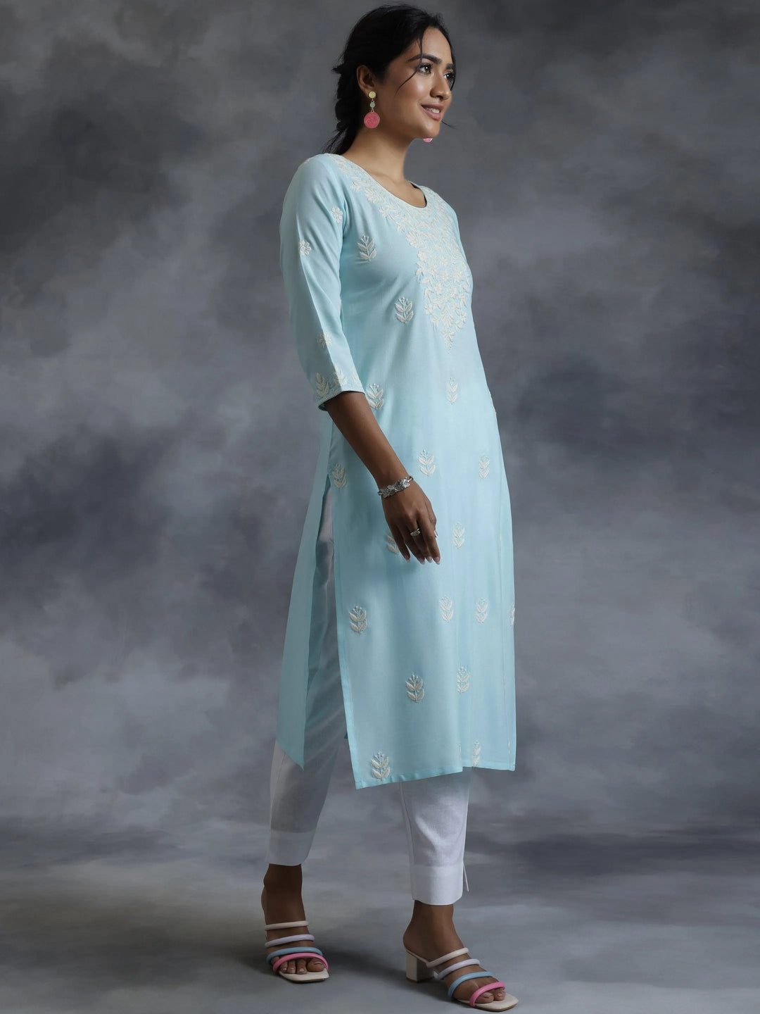 Blue Embroidered Rayon Straight Kurta - Libas 