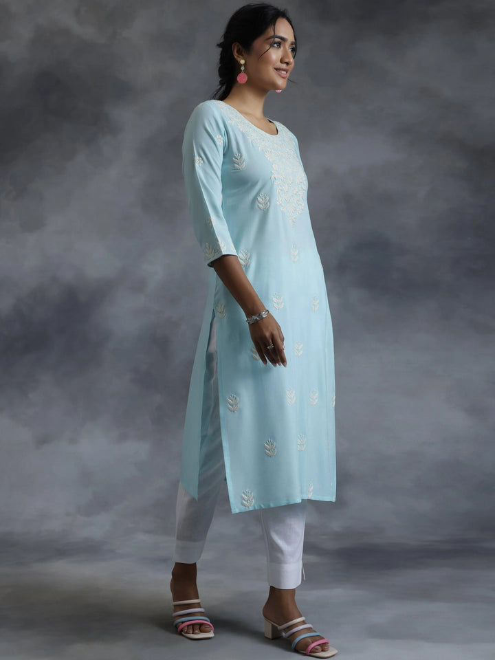 Blue Embroidered Rayon Straight Kurta - Libas