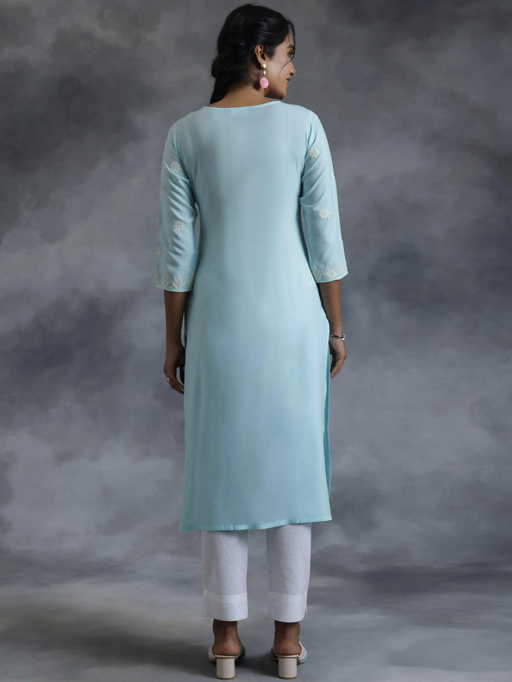 Blue Embroidered Rayon Straight Kurta - Libas