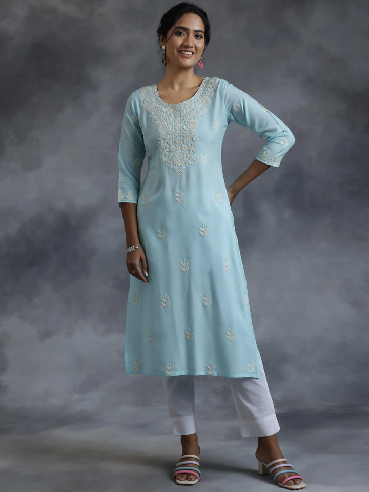 Blue Embroidered Rayon Straight Kurta - Libas
