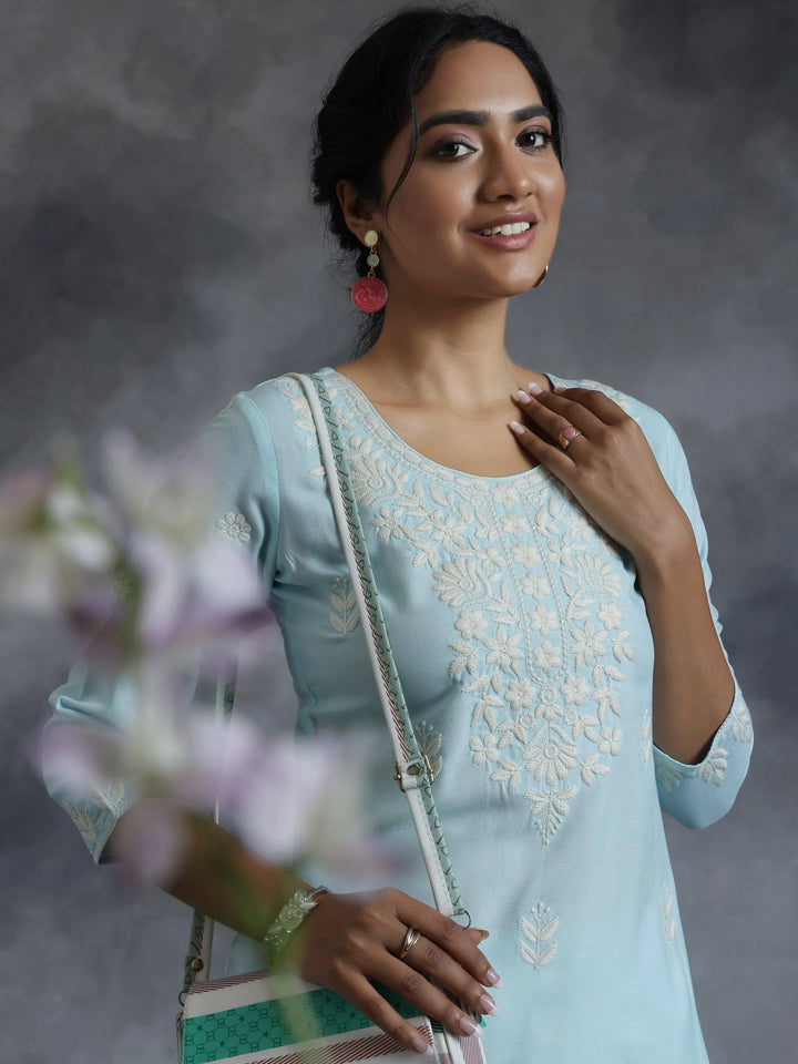 Blue Embroidered Rayon Straight Kurta - Libas