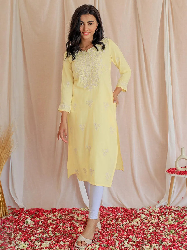 Libas Yellow Embroidered Rayon Straight Kurta