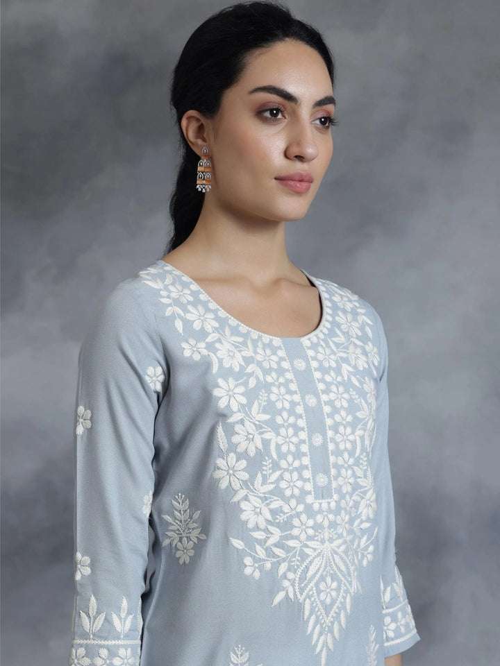 Stone Blue Embroidered Rayon Straight Kurta - Libas