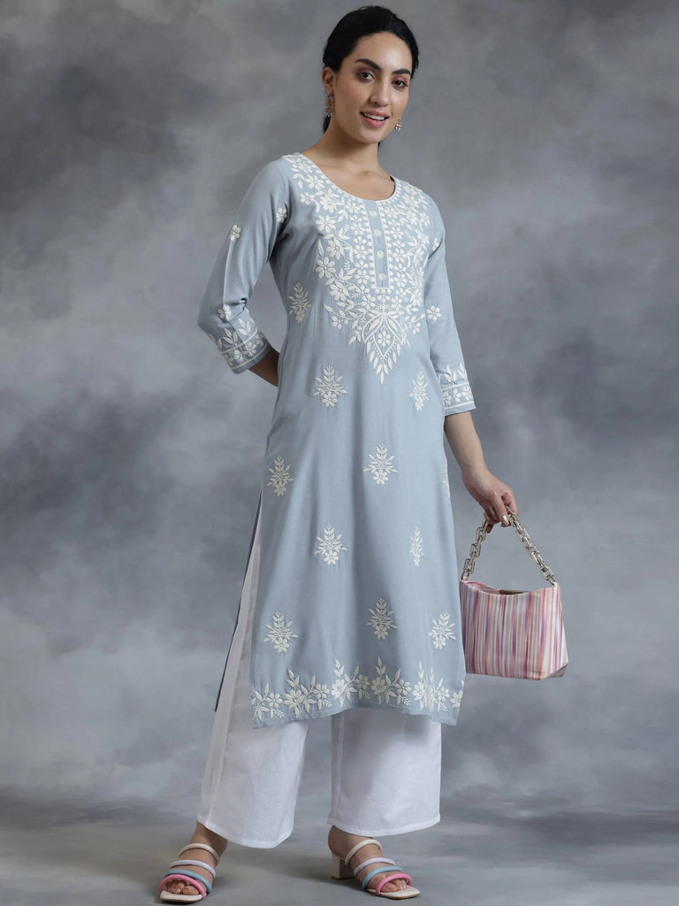 Libas Stone Blue Embroidered Rayon Straight Kurta