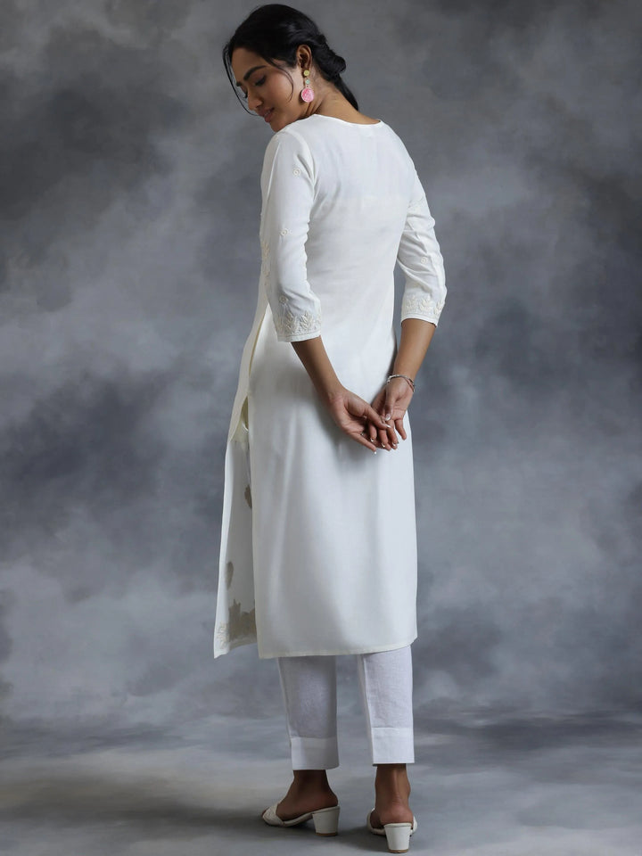 Off White Embroidered Rayon Straight Kurta - Libas