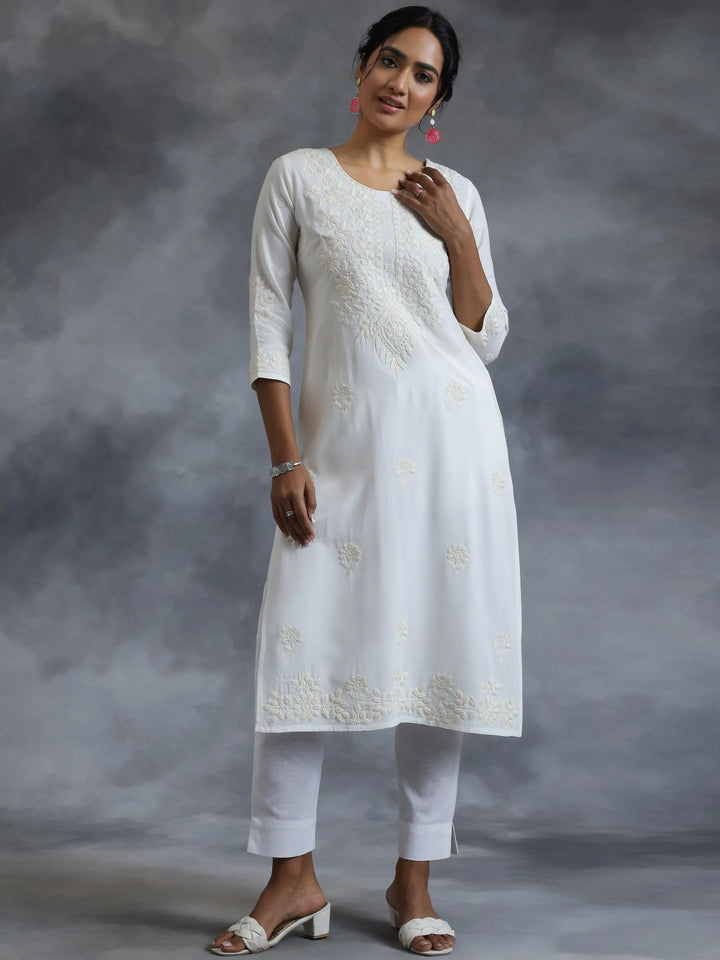 Off White Embroidered Rayon Straight Kurta - Libas