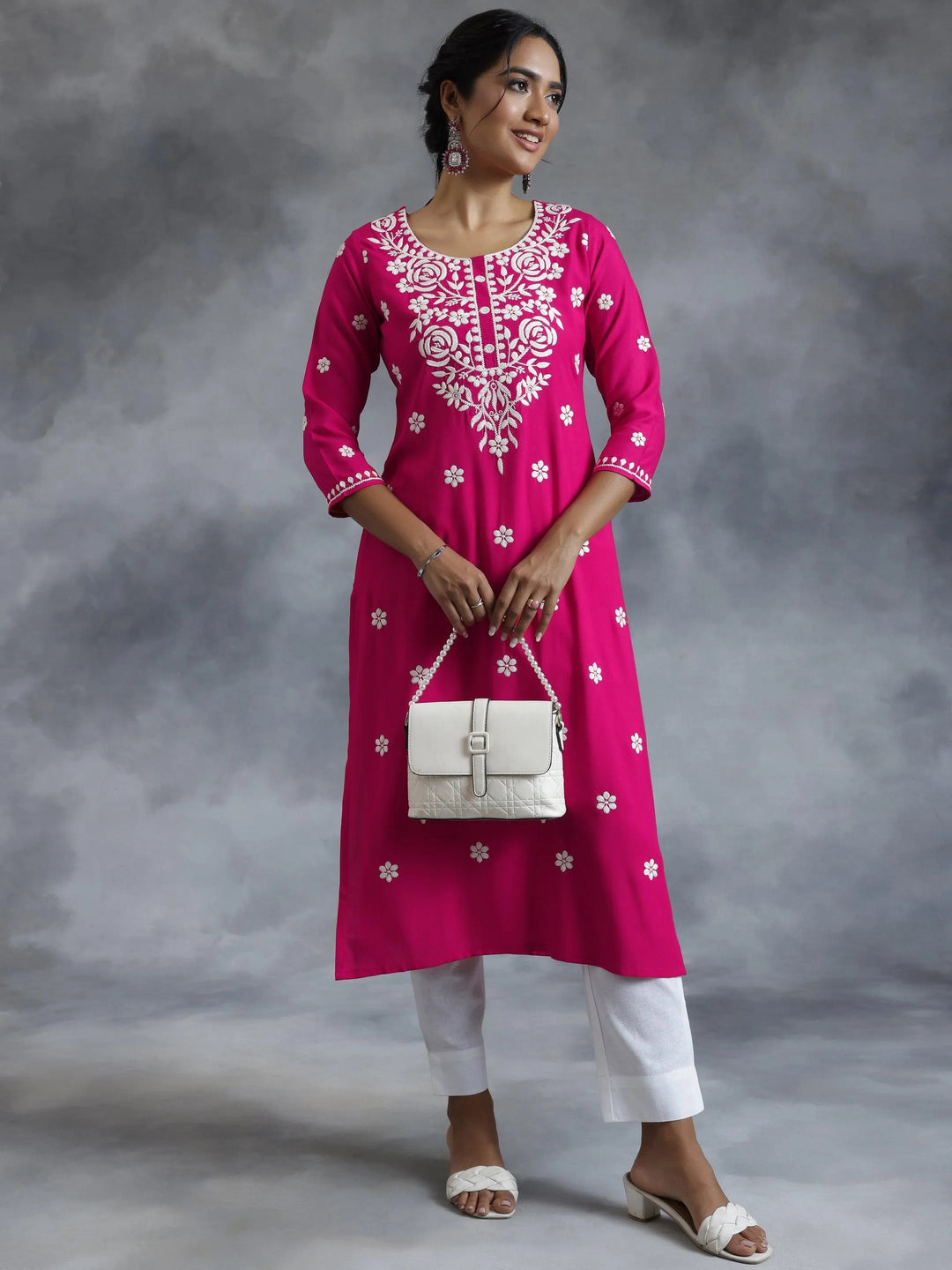 Pink Embroidered Rayon Straight Kurta - Libas